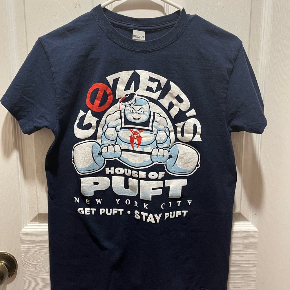 Dark Blue Ghostbusters Tee with “GOZER’S House of PUFT” Graphic Design.